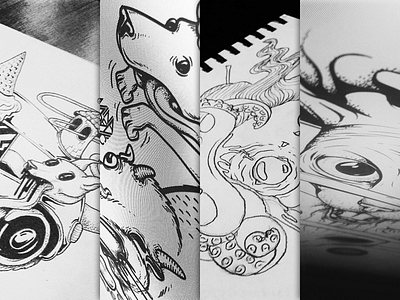 Various drawings animals black blood tears sweat characters drawings illustration illustrations line line art lines sketch sketches white