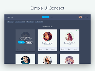 Simple UI concept card dark filter hiring person card profiles search search specialist user card