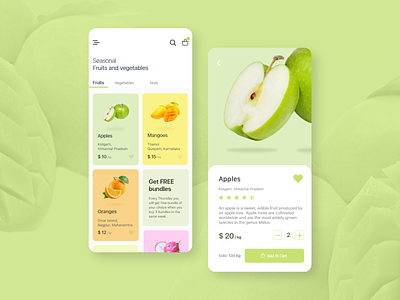 E commerce app add to cart app design clean ui creative design dribbble invite e commerce ecommerce fruits get started green hello dribble ios app minimal monday onboarding ui popup ui ux vegetables