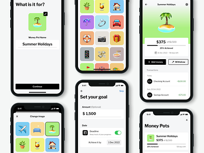 Money Pots: mobile banking app feature for saving goals banking app finance goals ios mobile app money pot personal pots savings ui ux