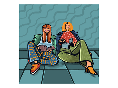 Two women are sitting on the floor and reading
