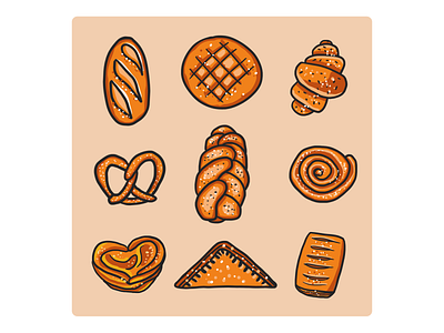 Baking artist bakery bakery products baking bread bun color croissant digitalart doodle drawing envelope illustration loaf pigtails pretzel
