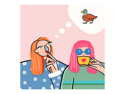 Tea drinking artist artwork color digitalart doodle drawing duck illustration tea tea drinking team thought about two women woman