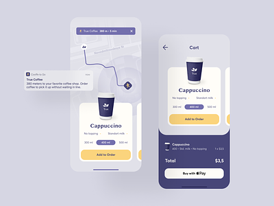 Coffee to Go app buy cart coffee drink ios map mobile app order quick order route ux ui