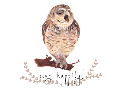 .sing happily. animal bird owl painting