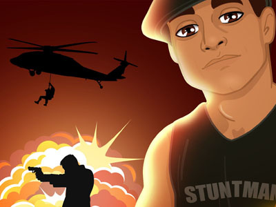 Stuntman character design explosion helicopter illustration silhouette vector