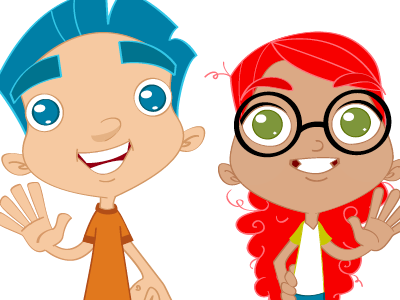 Zach & Janie blue boy bright cartoon character fun girl happy illustration kids orange vector