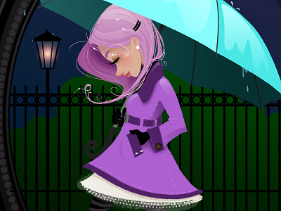 Rainy Night character design cute drawing girl illustration pink purple rain teal vector