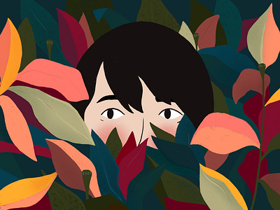 Leaves color drawing eyes flat forest girl illustration image leaves noise procreate secret texture woods