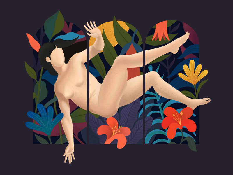 Falling art colors falling flowers girl illustration ipad pro jungle nude procreate texture vector woman
