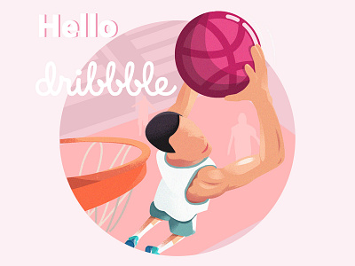 Hello Dribbble！ ball basketball character debut first first shot hello dribbble illustration invitaion thank