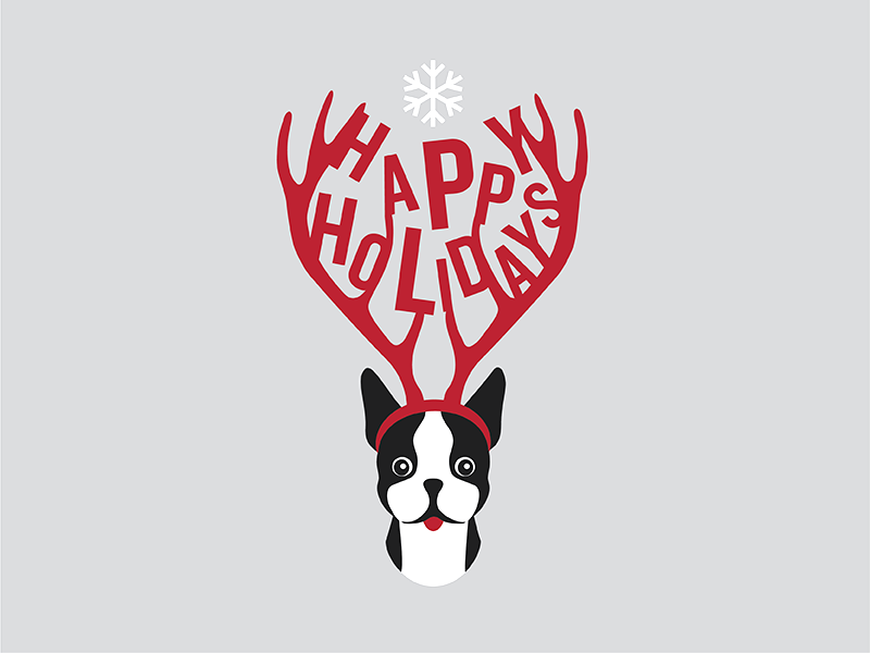 Happy Holidays snowflake illustration holiday festive dog cute christmas boston terrier antlers