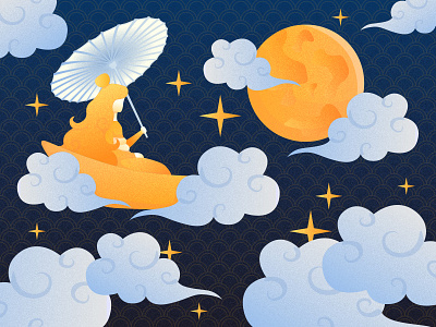 Mid-Autumn Festival boat chinese umbrella drifting festival girl in a boat girl is swimming girls heaven illustration mid autumn festival moon night sky stars the clouds