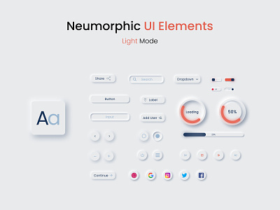 Neumorphic UI Elements (Light Mode) app buttons design elements icon minimal neumorphic neumorphic design neumorphism ui social typography ui web