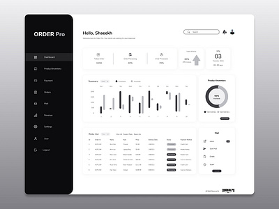Order management UI Concept black white dashboard design logo minimal typography ui web