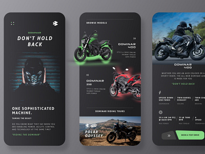 Bajaj Dominar | Website Concept app bajaj bike bike website concept dark mode dark ui design dominar mobile mobile app mobile ui redesign redesign concept ui ux website concept