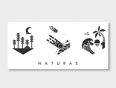 Naturas Badges (Negative) badge beach campfire cosmonaut flat design island meteor nature negative space sunset