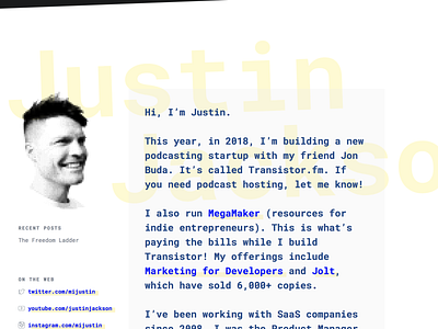 Justin Jackson - Brutalist Redesign brutal brutalism brutalist design halftone redesign statamic texture typography website