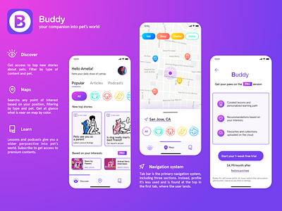 Buddy - Designflows 2020 bendingspoons buddy colorful designflows designflows2020 discover learn navigation paywall pet app pet care pet logo pets purple ui ui ux uidesign