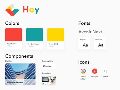 Style Guide - Hey Chat app briefbox card colorful colors colroful design system design systems font logo messenger messenger app style style guide style guides style tile style tiles styleguide
