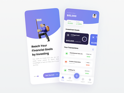 Onboard and home screen - Investing Mobile App app clean home investing mobile onboarding purple screen ui