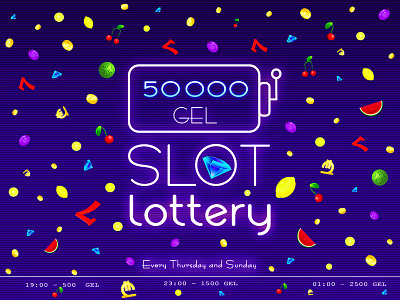 Slot Lottery 2d adobe blue coins color colorful concept creative design illustraor illustration lemon lottery orange photoshop slot design slot game slot machine watermelon win