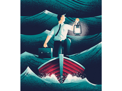 Consulting's new challenges boat business man consultant cover illustration daniele simonelli dsgn editorial illustration illustration lantern quartz sea stormy sea texture