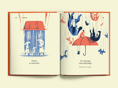 Raining book cats dogs illustrated book illustration proverbs rain raining raining cats and dogs spread page