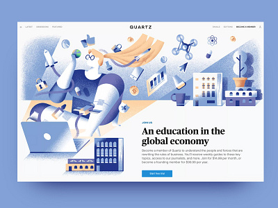 Quartz - become a member page business computer dsgn economy girl illustration light quartz texture vector web illustration
