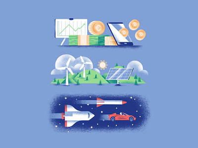 Quartz illustration daniele simonelli dsgn economy editorial illustration green energy hills illustration shuttle solar panel space tesla texture vector wind turbine