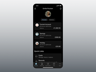 Barclays Bank app dark theme design