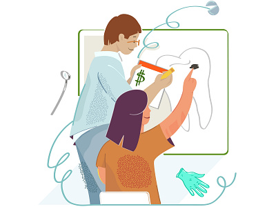 Doctor Dentist and client color design graphic art illustration job tooth vector work