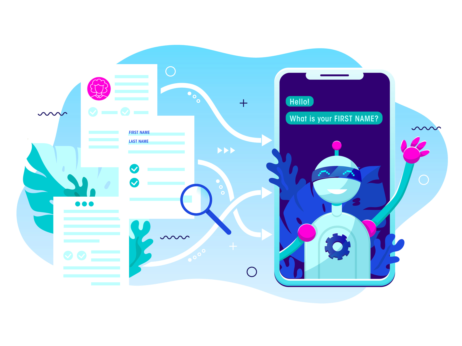 Online form being transformed into a Chatbot beautiful blue chat color conversation design flat graphic art illustration minimal vector vector art