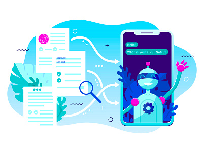 Online form being transformed into a Chatbot beautiful blue chat color conversation design flat graphic art illustration minimal vector vector art