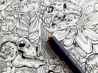 Skulls & Flowers drawing flowers illustration inkwork skulls