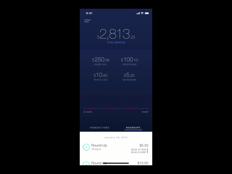 Cryptocurrency investment dashboard experiment animation cryptocurrency dashboard financial fintech graph investment ios mobile principle