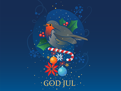 God Jul + Merry Christmas adobe illustrator bird celebrating christmas christmas card festive flat design illustration robin vector vector artwork winter