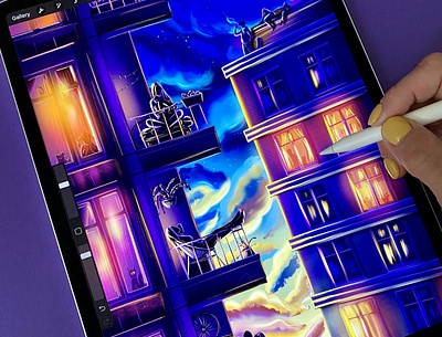 Urban Romantic balcony city illustration city life cityscape clouds design family illustration lifestyle illustration neon neon lights paiting peoples procreate procreate art procreateapp quarantine selfie sunset typography