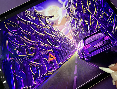 Road to the country deer digital illustration digital painting digitalart forest illustration ipad art ipadproart moon moonlight moonshine neon neon colors neon lights night night road owl procreate procreate art road