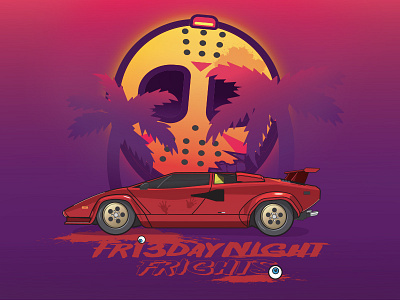 Friday Night Frights (DesEyeNerd Friday the 13th) 80s character art character concept cute deseyenerd design eyeball friday night frights friday the 13th gore horror illustration jason jason voorhees miami miami nights retrowave sport car vaporwave vector