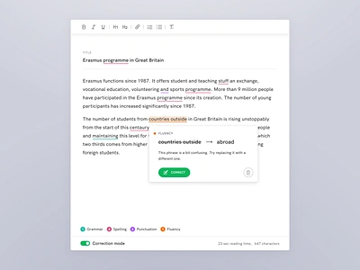 Contextual spell checking for text editor app contextual document editor editorial software grammar helper journalism minimal mistakes newsroom score spell check spelling text text editor ui word writer writing