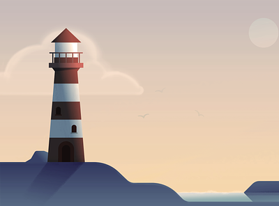 Lighthouse beach design geometric gradient illustration landscape lighthouse minimal ocean oceans sea seagull sunset