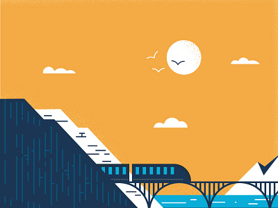 Here comes the choo-choo train bridge illustration landscape minimal mountain texture train