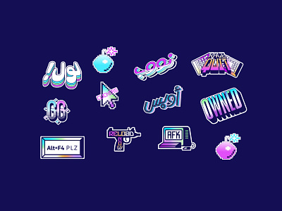 gaming stickers 2d branding esports gaming gradient illustration neon stickers typography vector