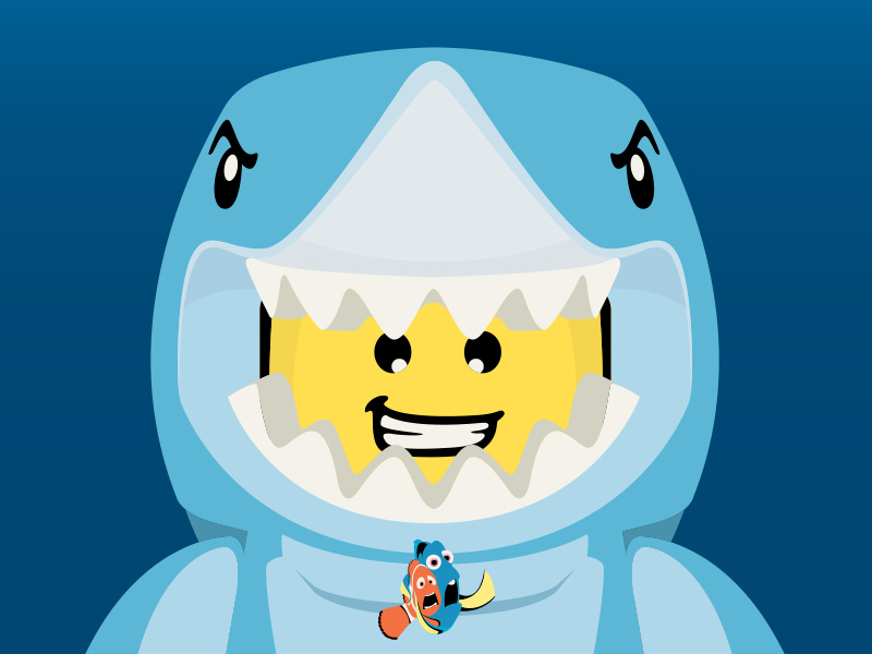 Fish Are Friends Not Food illustration vector fish pixar bruce marlin dory nemo minifigure lego shark