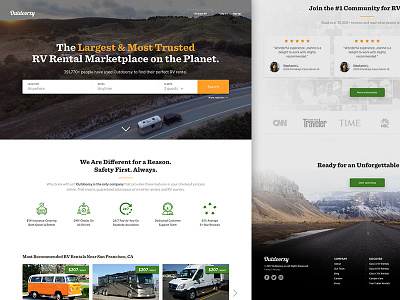 Outdoorsy Homepage NEW camping green homepage landing page orange outdoor rv travel van life vanlife website white