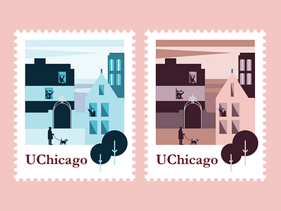 UChicago Campus Stamps blue buildings campus chicago cobbgate drawing education illustration red sky stamps uchicago university vector