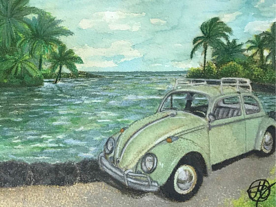 1964 Beetle - Ahalanui Park, HI 64 beach beetle clouds coffee hawaii palm prismacolor sky teal volkswagen watercolor