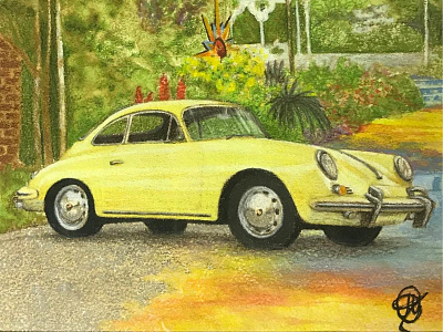 1964 Porsche 356 64 garden george harrison porsche prismacolor rainbow sun watercolor yellow
