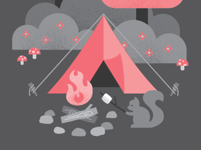 camp scene 2 color bushes camping fire forest illustration marshmallow mushroom squirrel tent